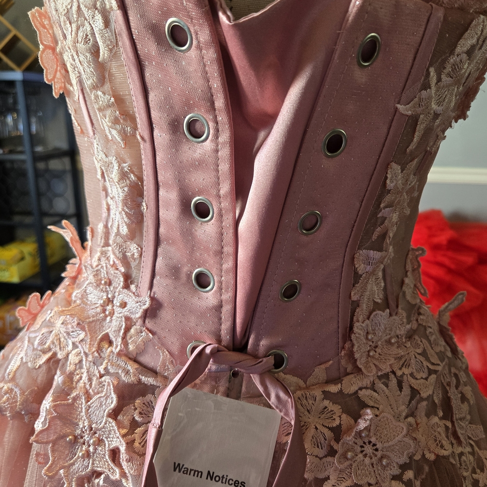 Elegant Pink Floral Lace Evening Gown Wedding Prom Dress - Picture 6 of 8